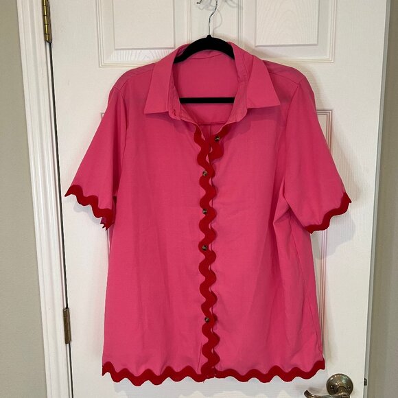 Women’s Pink and Red Two Piece Set Button Top with Scallop Trim size Large - Picture 4 of 10